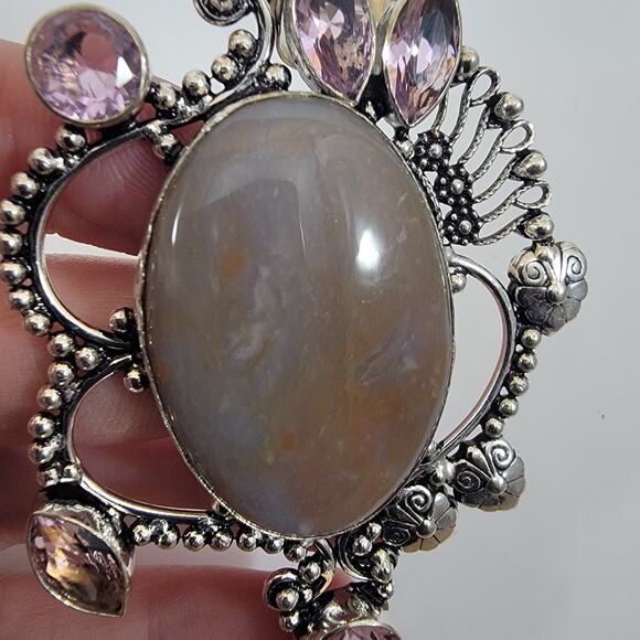 Handmade Silver Pendant with Moon Agate and Pink Topaz Accents - Picture 9 of 10
